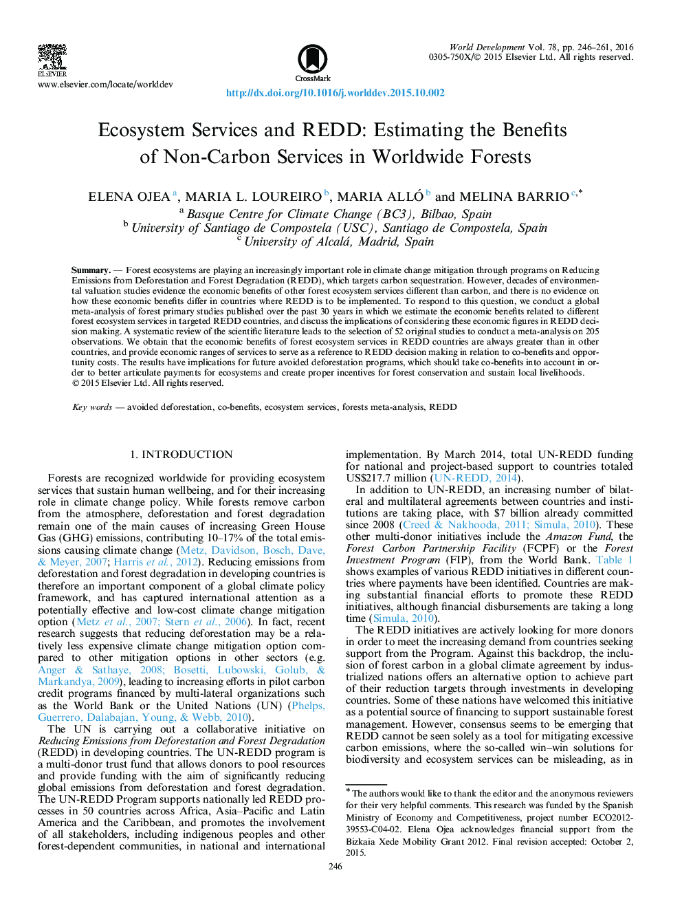 Ecosystem Services and REDD: Estimating the Benefits of Non-Carbon Services in Worldwide Forests