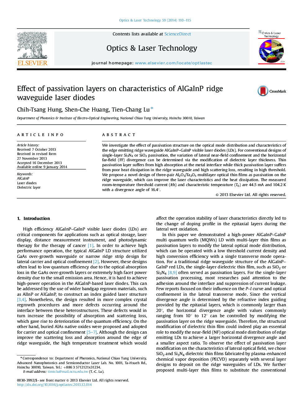 Effect of passivation layers on characteristics of AlGaInP ridge waveguide laser diodes