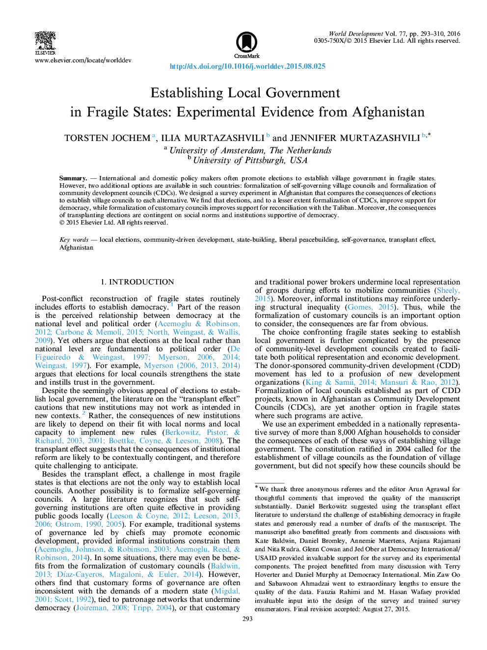 Establishing Local Government in Fragile States: Experimental Evidence from Afghanistan