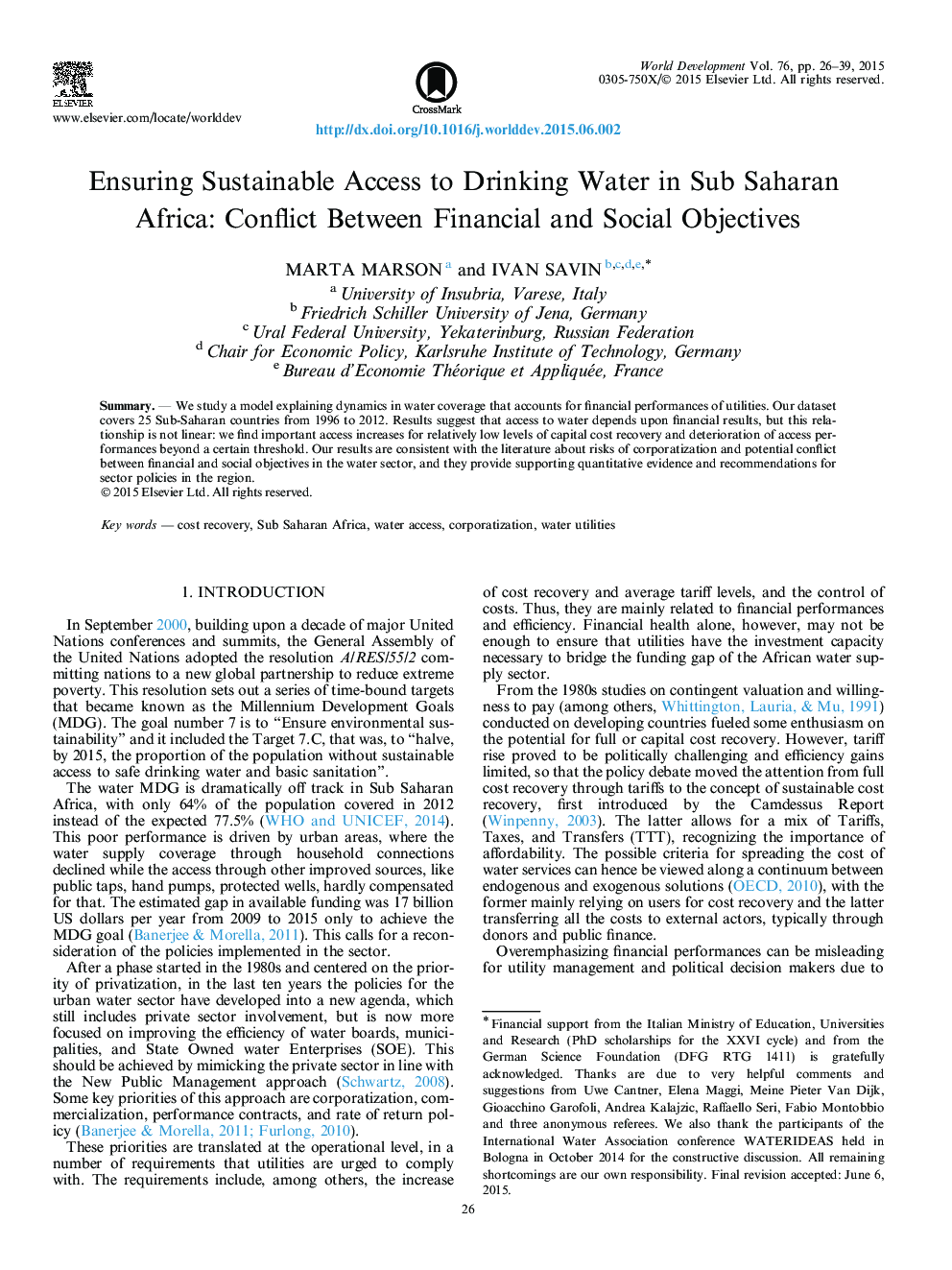 فراهم آوردن دسترسی پایدار به آب آشامیدنی در مناطق جنوب صحرای آفریقا: مناقشه بین اهداف مالی و اجتماعی 