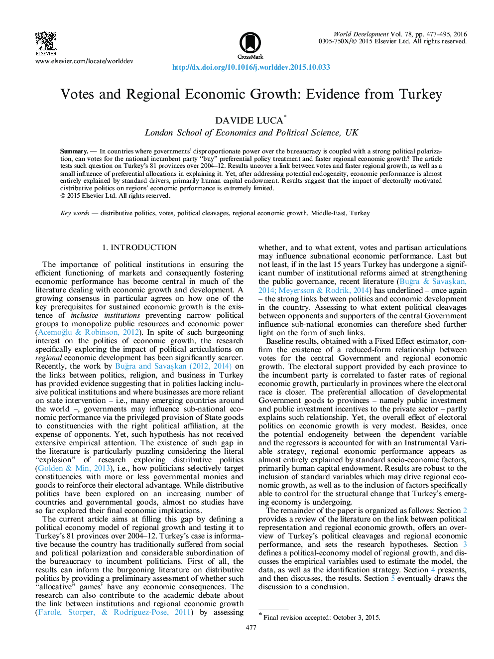 Votes and Regional Economic Growth: Evidence from Turkey