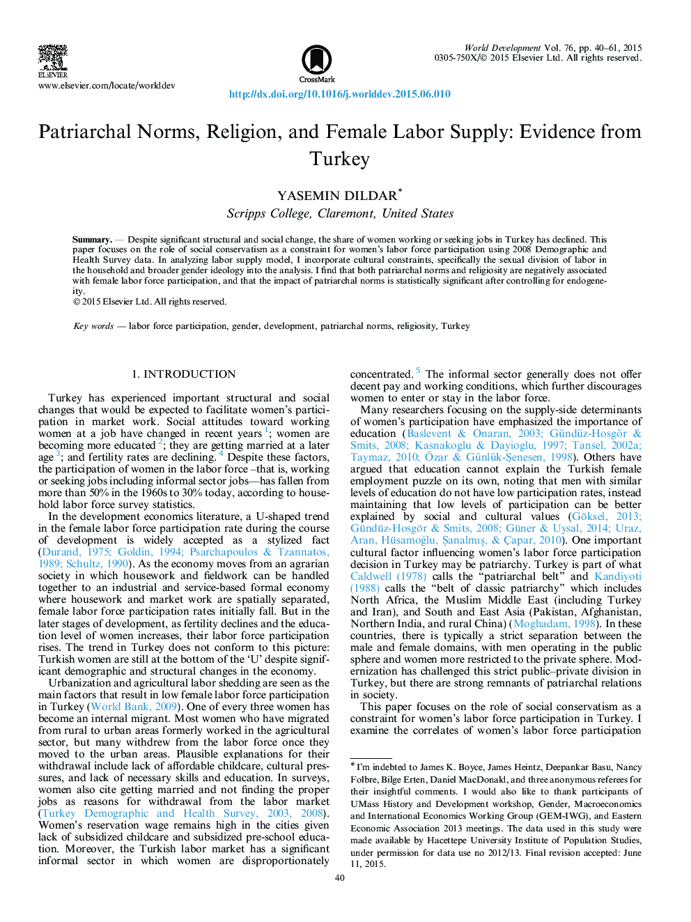 Patriarchal Norms, Religion, and Female Labor Supply: Evidence from Turkey