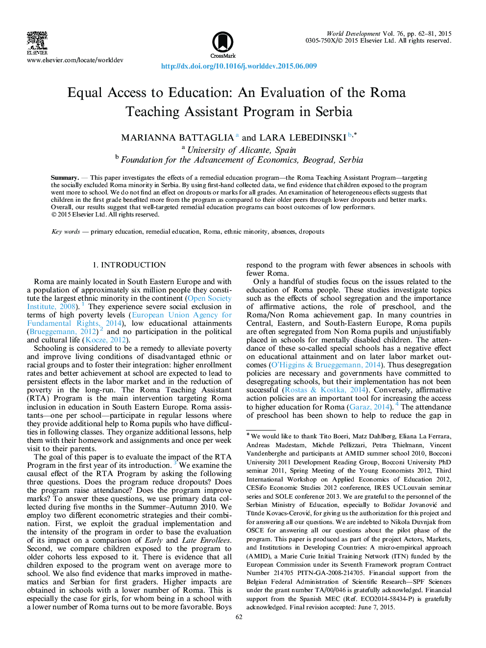 Equal Access to Education: An Evaluation of the Roma Teaching Assistant Program in Serbia