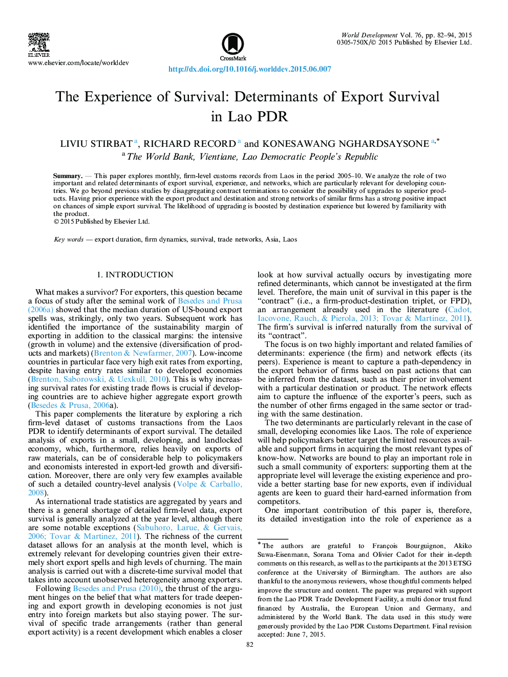 The Experience of Survival: Determinants of Export Survival in Lao PDR