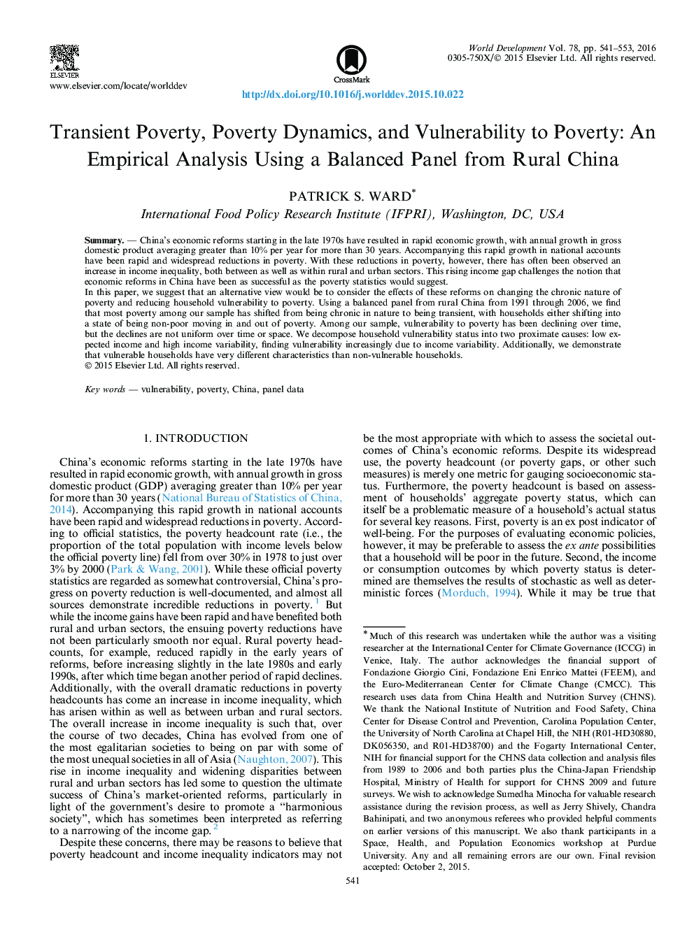 Transient Poverty, Poverty Dynamics, and Vulnerability to Poverty: An Empirical Analysis Using a Balanced Panel from Rural China