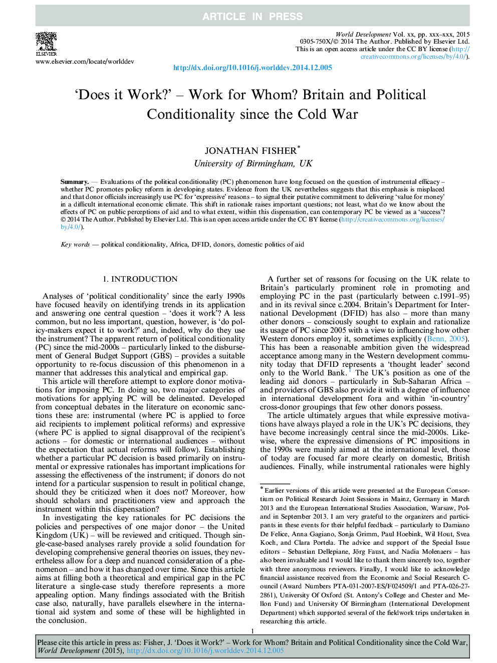 'Does it Work?' - Work for Whom? Britain and Political Conditionality since the Cold War