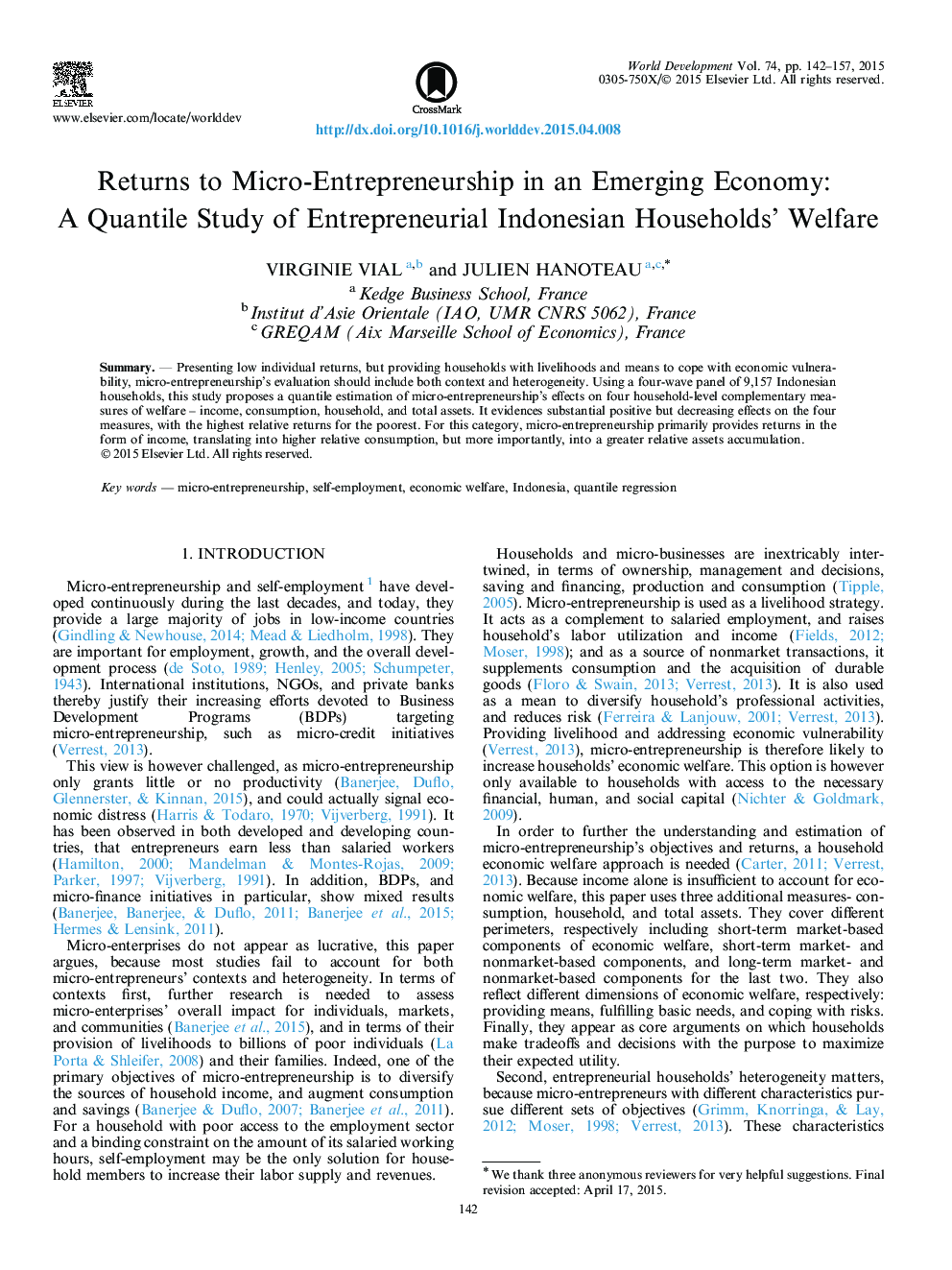 Returns to Micro-Entrepreneurship in an Emerging Economy: A Quantile Study of Entrepreneurial Indonesian Households' Welfare