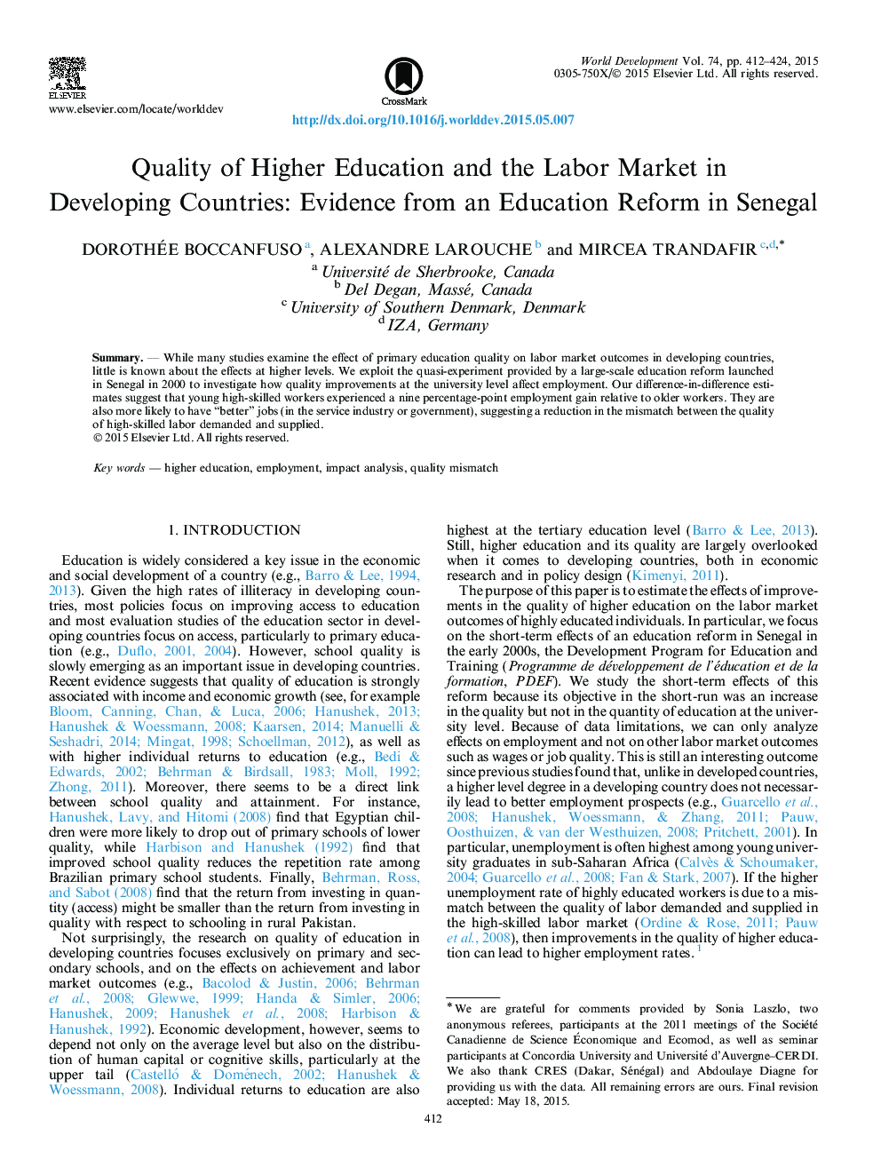 Quality of Higher Education and the Labor Market in Developing Countries: Evidence from an Education Reform in Senegal