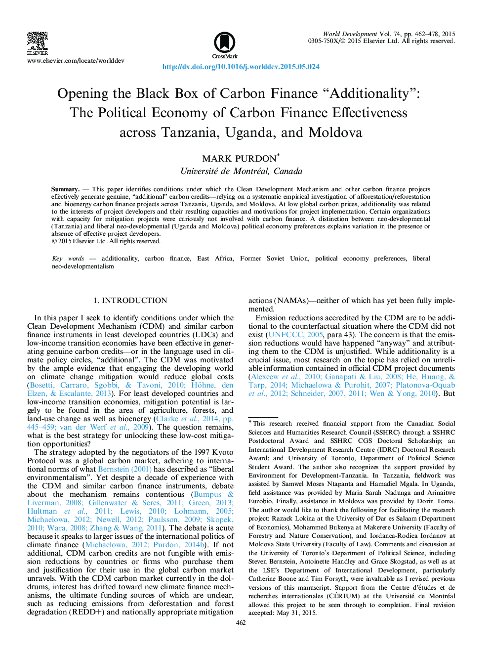 Opening the Black Box of Carbon Finance “Additionality”: The Political Economy of Carbon Finance Effectiveness across Tanzania, Uganda, and Moldova