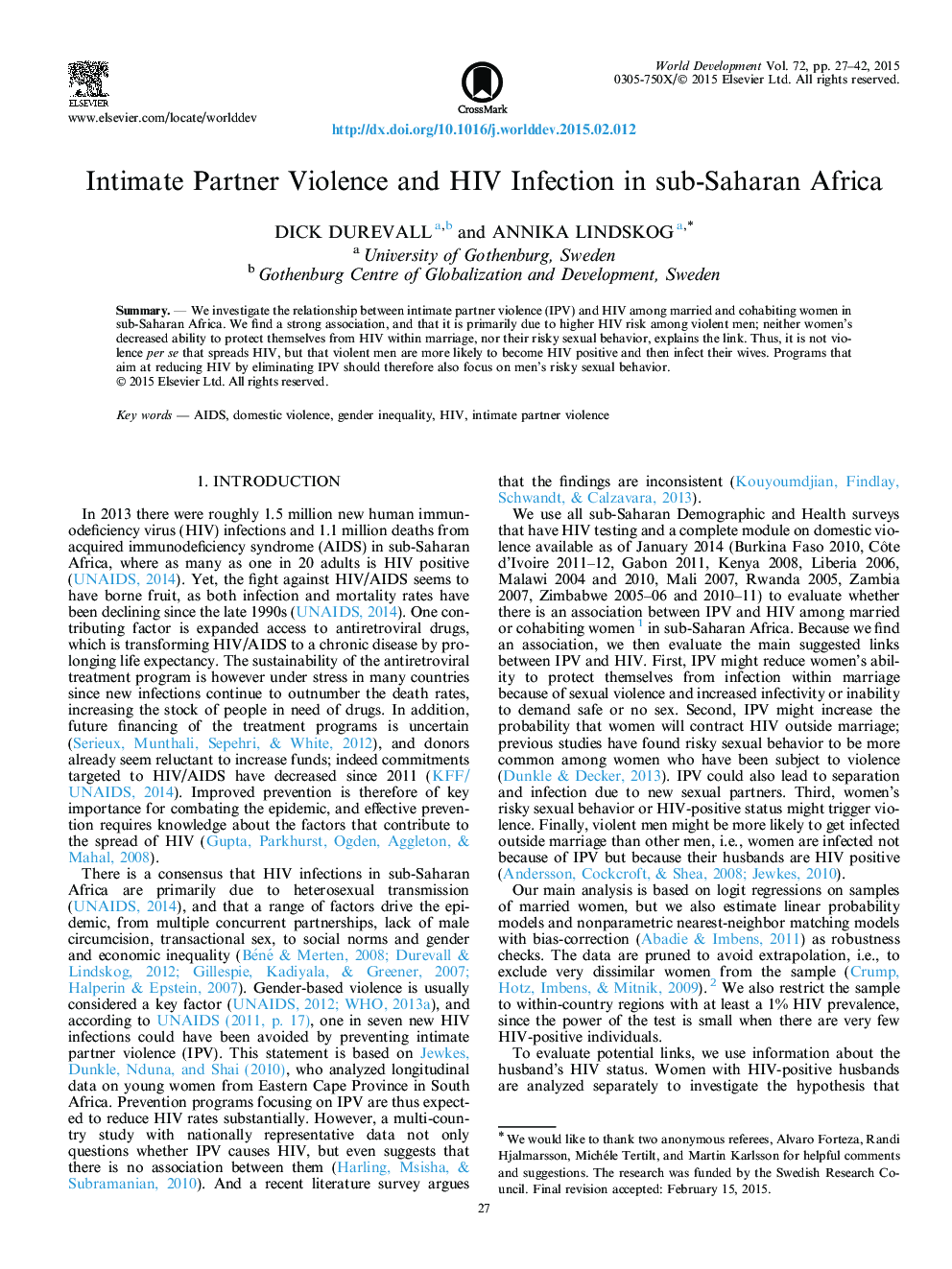 Intimate Partner Violence and HIV Infection in sub-Saharan Africa