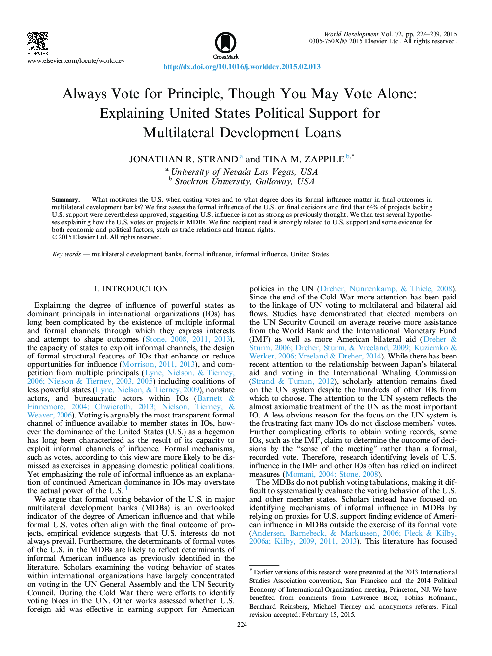 Always Vote for Principle, Though You May Vote Alone: Explaining United States Political Support for Multilateral Development Loans