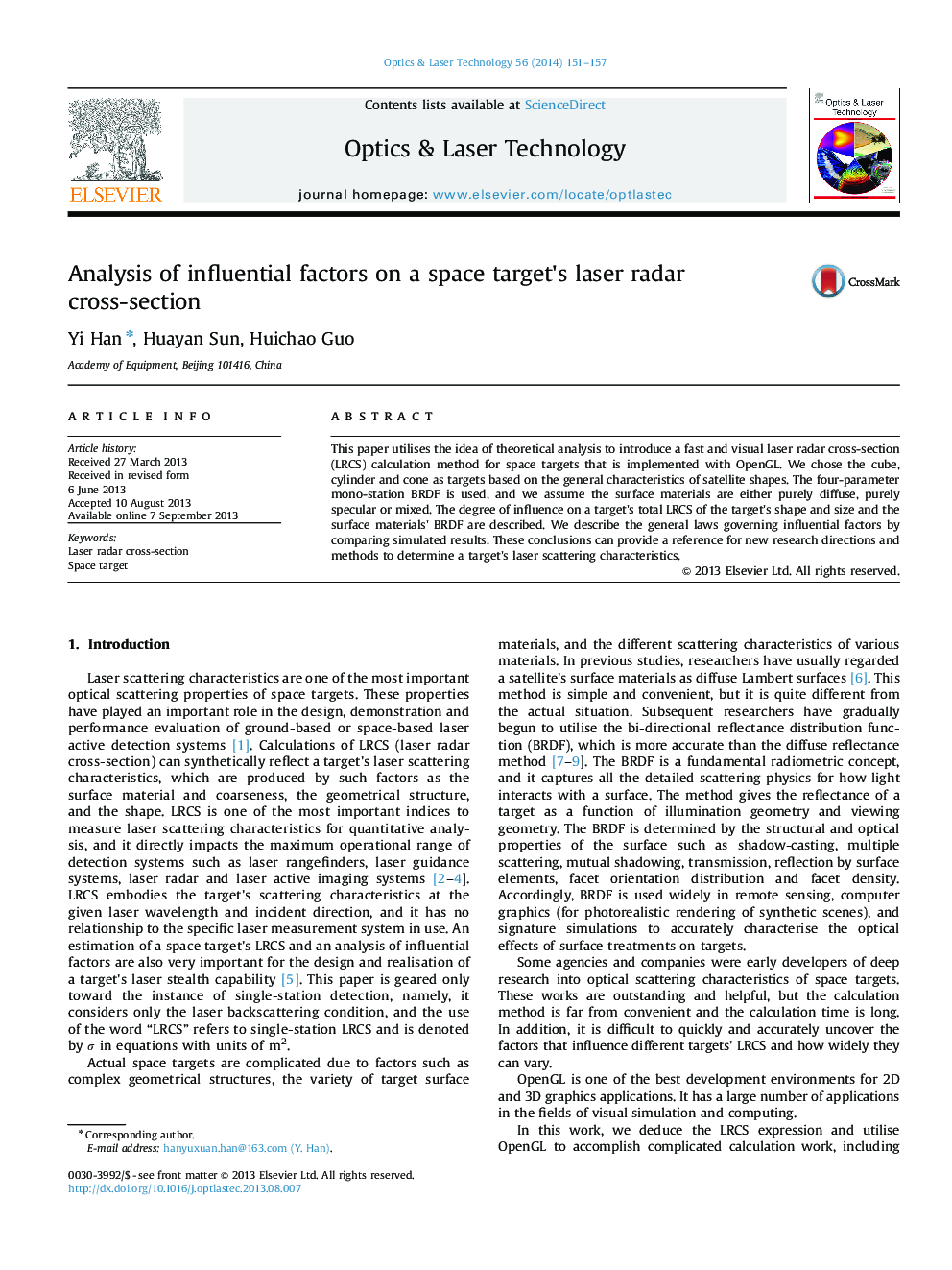 Analysis of influential factors on a space target's laser radar cross-section