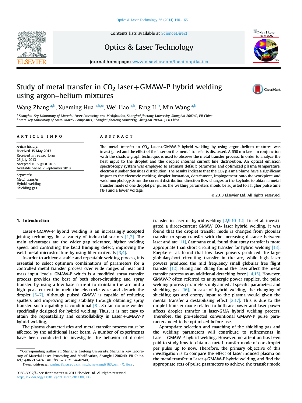 Study of metal transfer in CO2 laser+GMAW-P hybrid welding using argon–helium mixtures