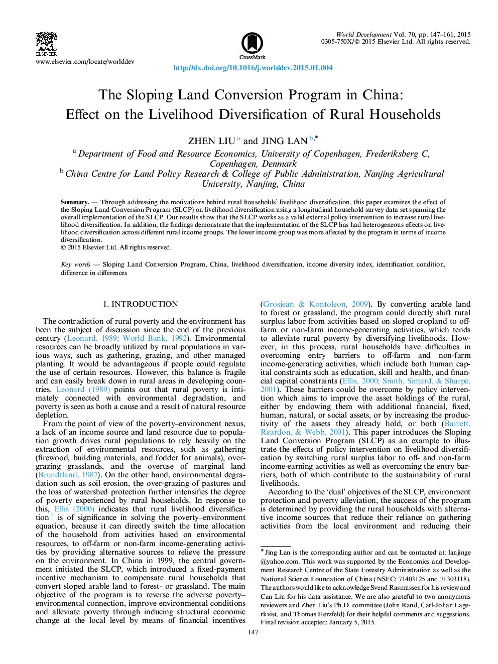 The Sloping Land Conversion Program in China: Effect on the Livelihood Diversification of Rural Households