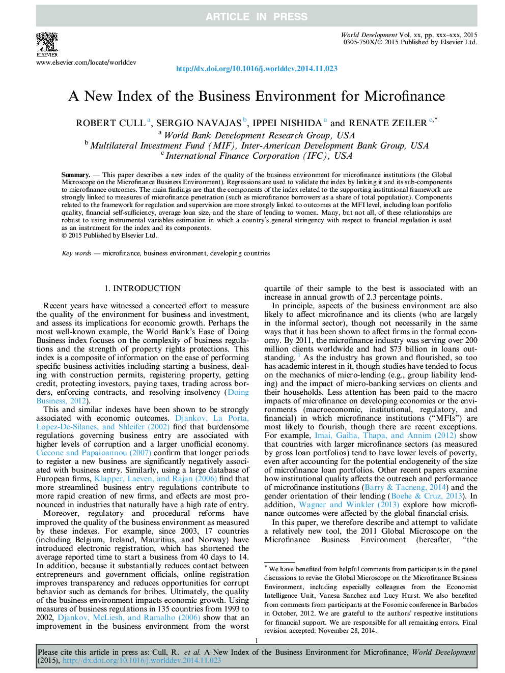 A New Index of the Business Environment for Microfinance