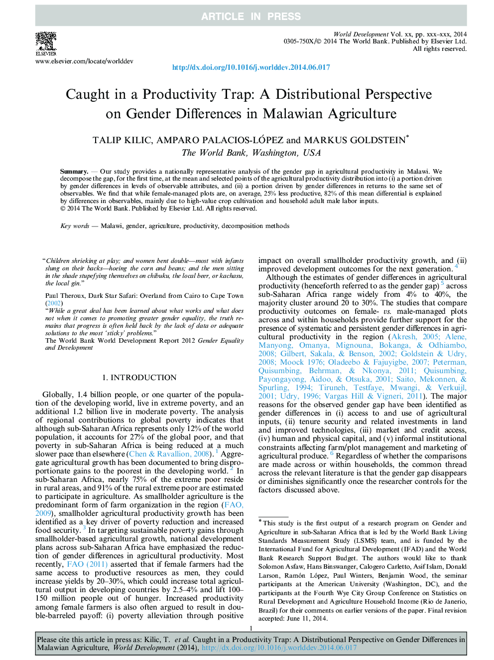 Caught in a Productivity Trap: A Distributional Perspective on Gender Differences in Malawian Agriculture