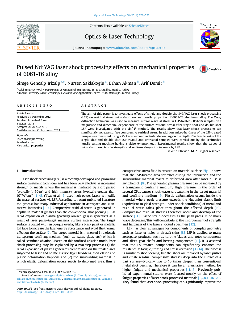 Pulsed Nd:YAG laser shock processing effects on mechanical properties of 6061-T6 alloy