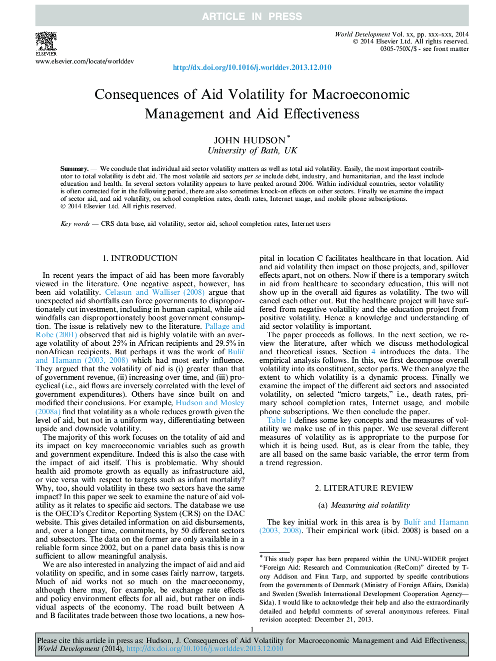 Consequences of Aid Volatility for Macroeconomic Management and Aid Effectiveness