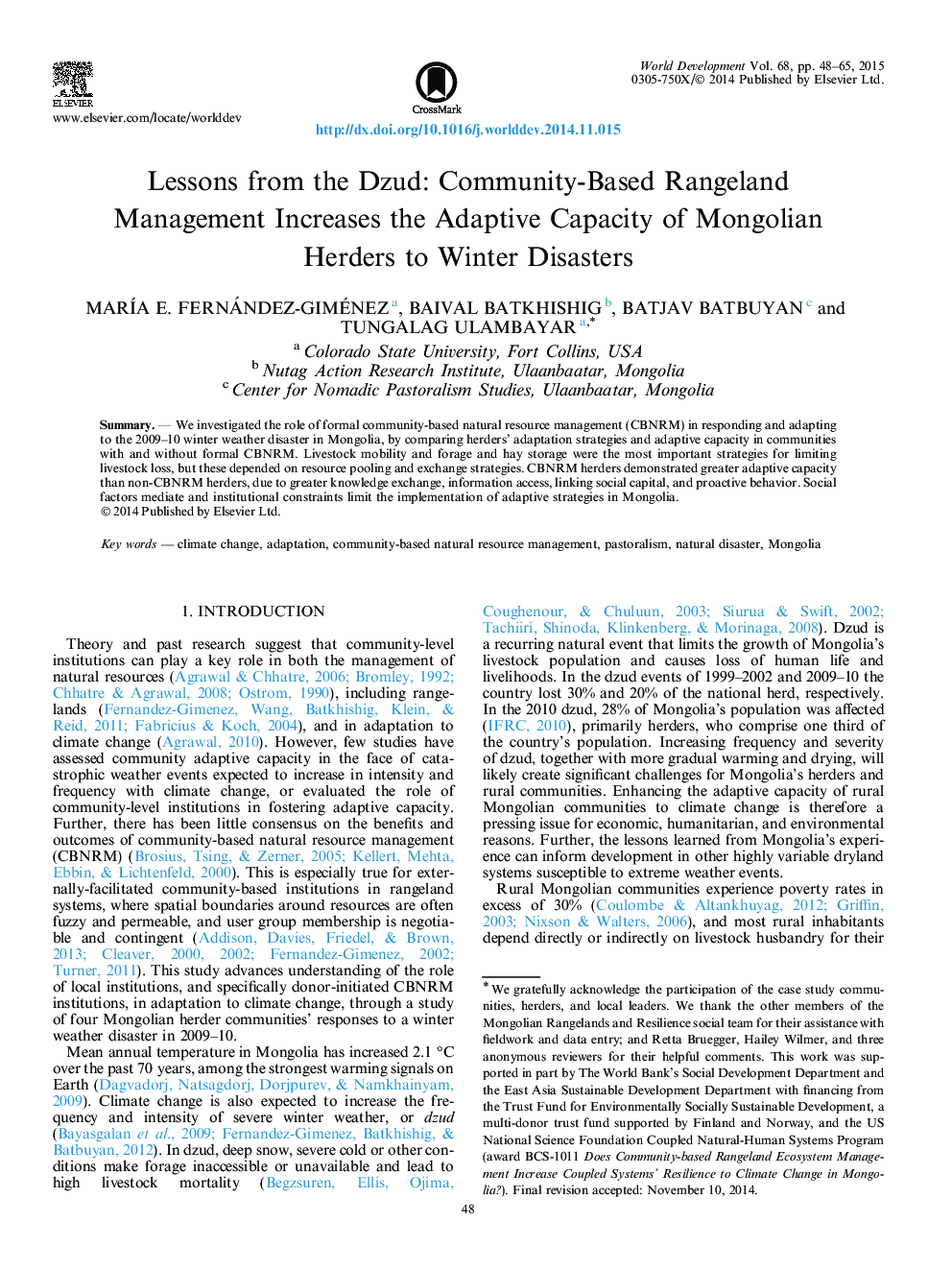 Lessons from the Dzud: Community-Based Rangeland Management Increases the Adaptive Capacity of Mongolian Herders to Winter Disasters