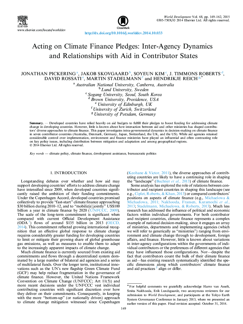 Acting on Climate Finance Pledges: Inter-Agency Dynamics and Relationships with Aid in Contributor States