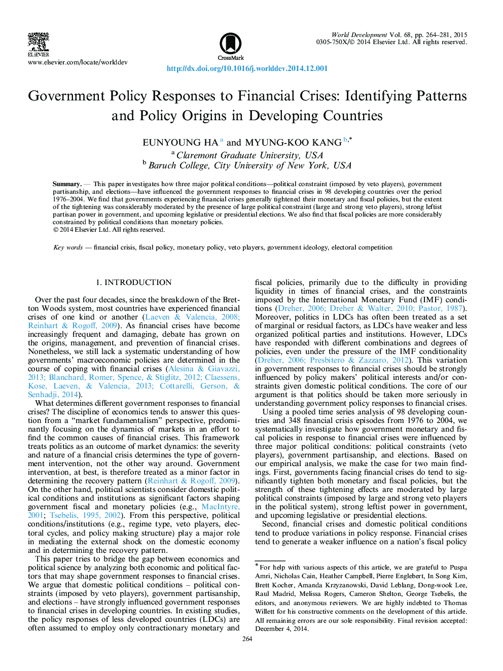 Government Policy Responses to Financial Crises: Identifying Patterns and Policy Origins in Developing Countries
