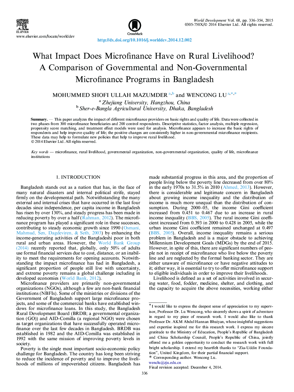 What Impact Does Microfinance Have on Rural Livelihood? A Comparison of Governmental and Non-Governmental Microfinance Programs in Bangladesh