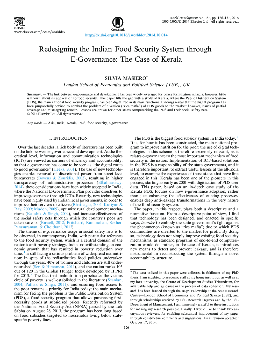Redesigning the Indian Food Security System through E-Governance: The Case of Kerala