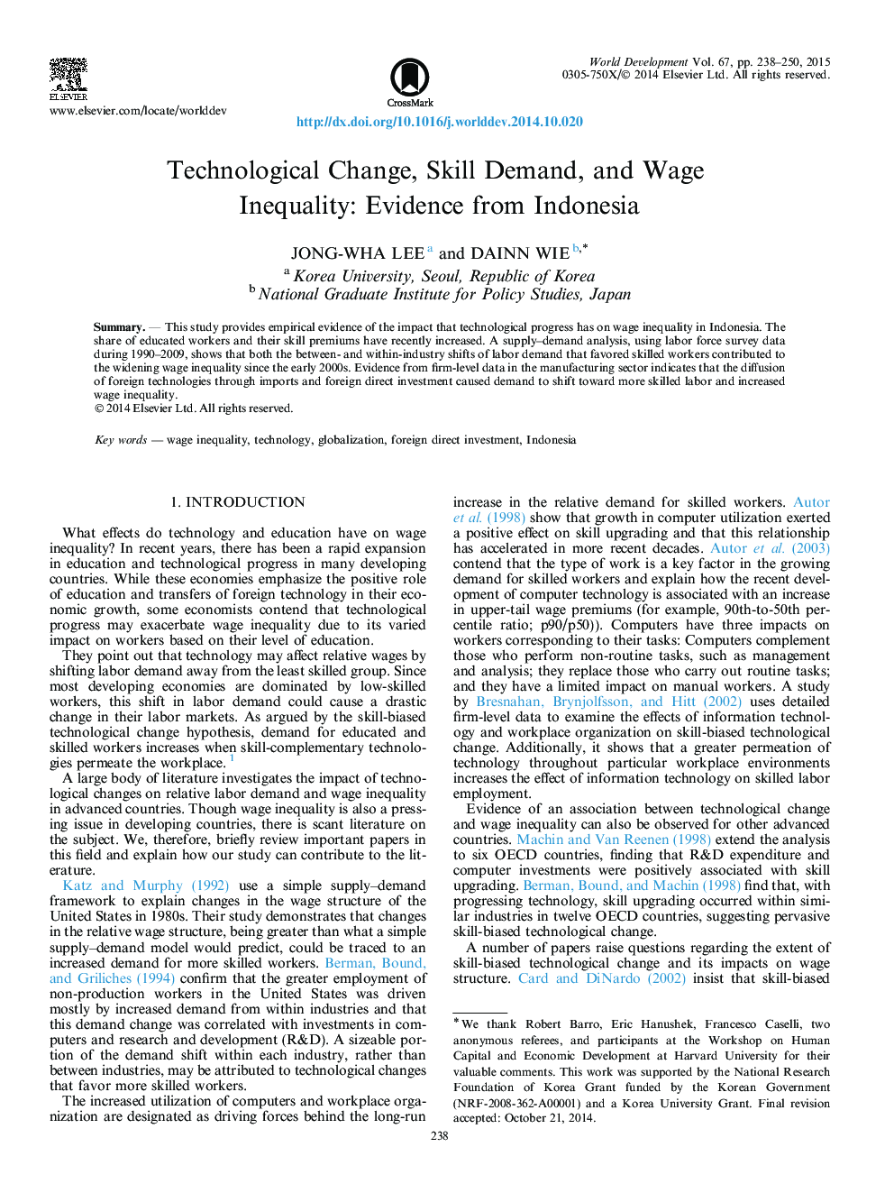 تغییر تکنولوژی، تقاضای مهارت و نابرابری دستمزد: شواهد از اندونزی 