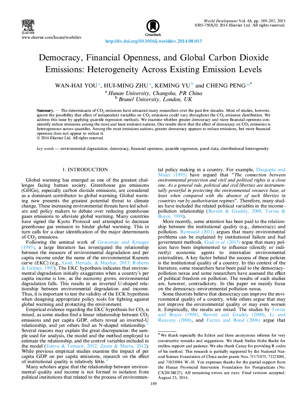 Democracy, Financial Openness, and Global Carbon Dioxide Emissions: Heterogeneity Across Existing Emission Levels