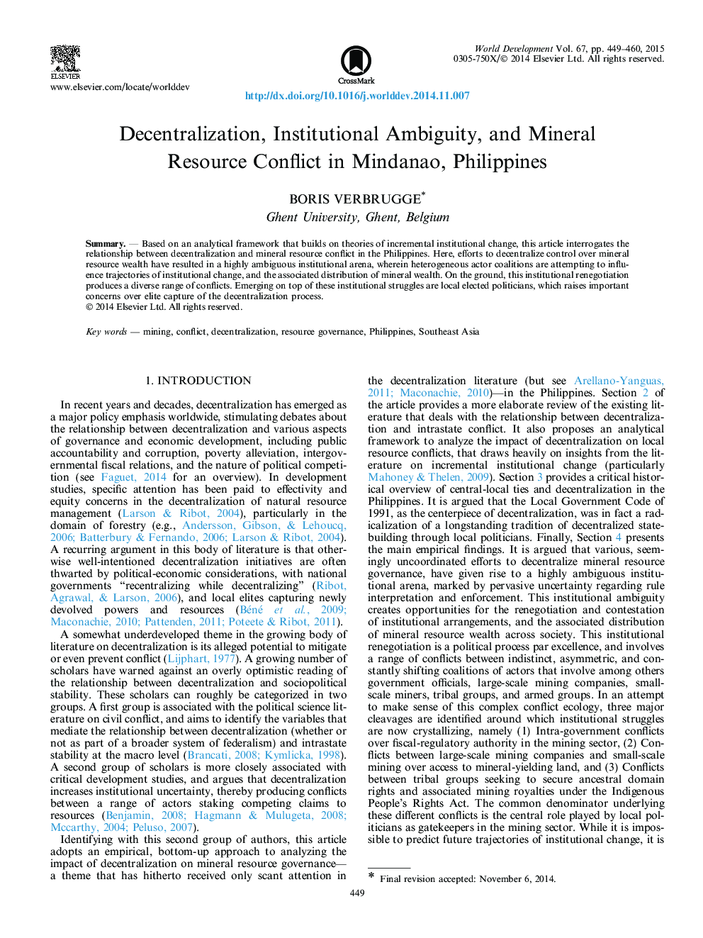 Decentralization, Institutional Ambiguity, and Mineral Resource Conflict in Mindanao, Philippines