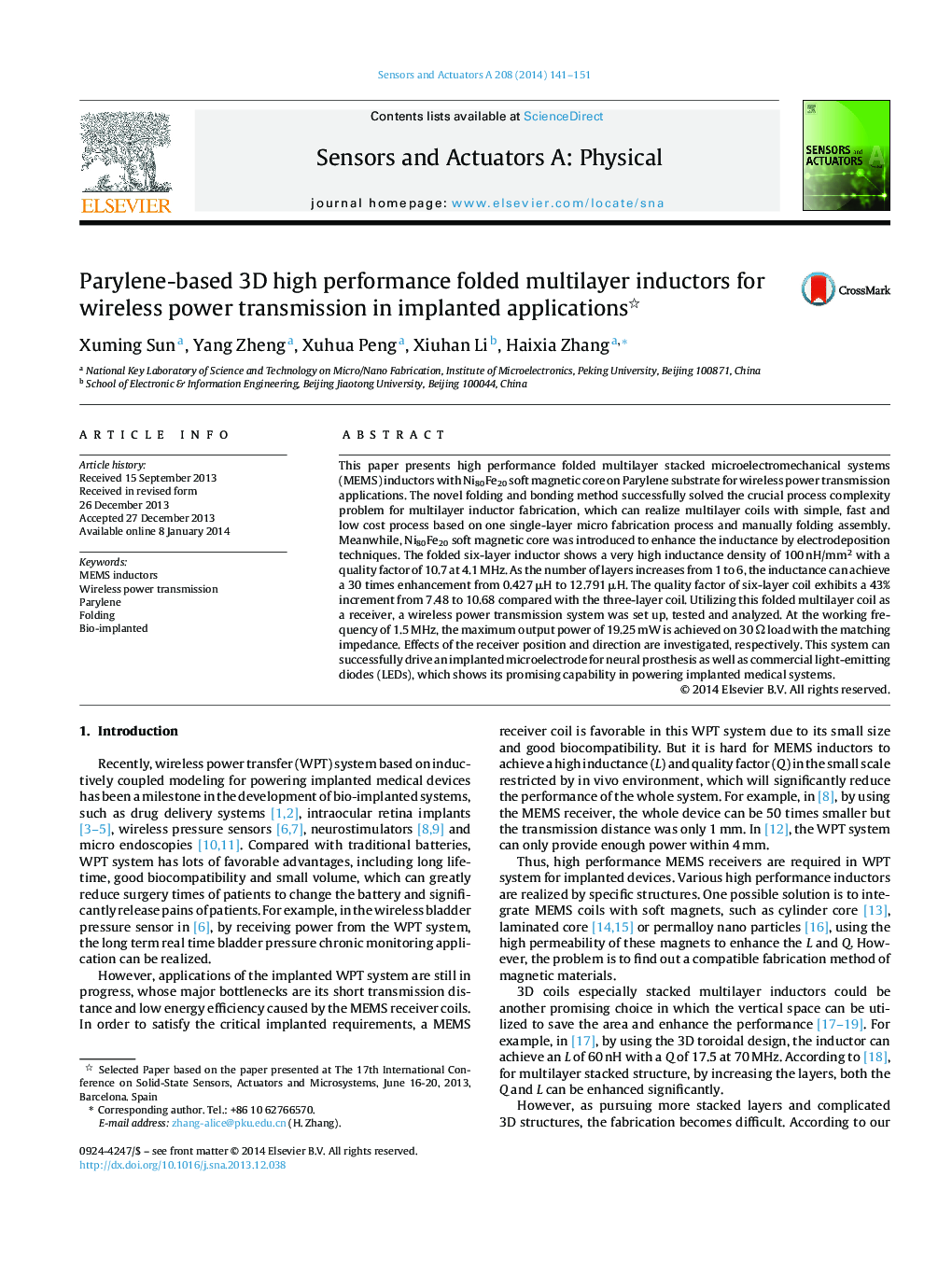 Parylene-based 3D high performance folded multilayer inductors for wireless power transmission in implanted applications 