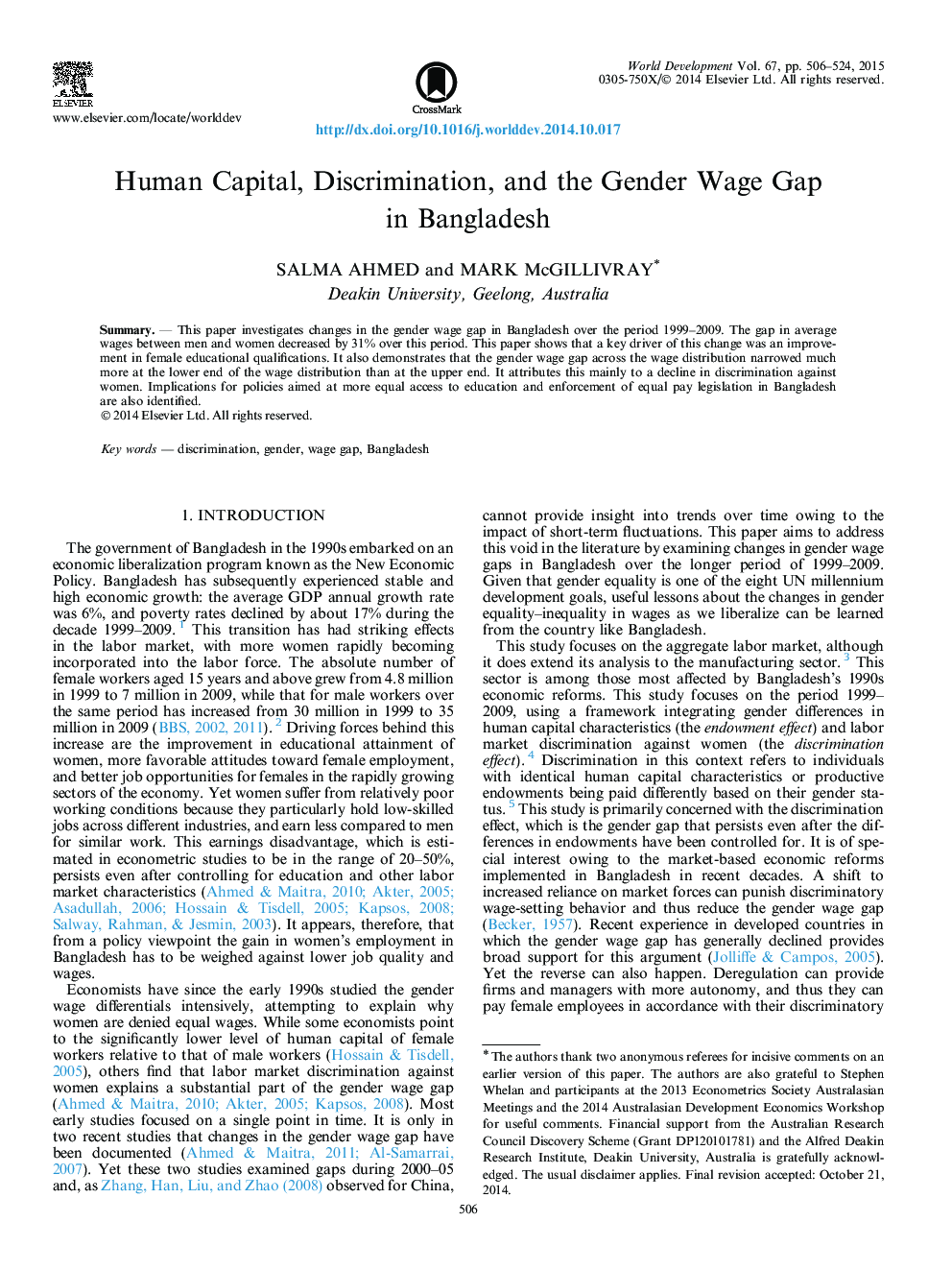 Human Capital, Discrimination, and the Gender Wage Gap in Bangladesh