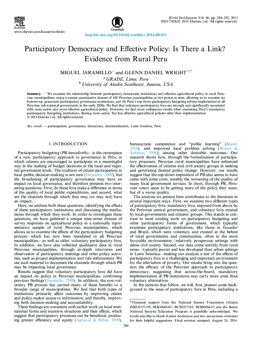 Participatory Democracy and Effective Policy: Is There a Link? Evidence from Rural Peru