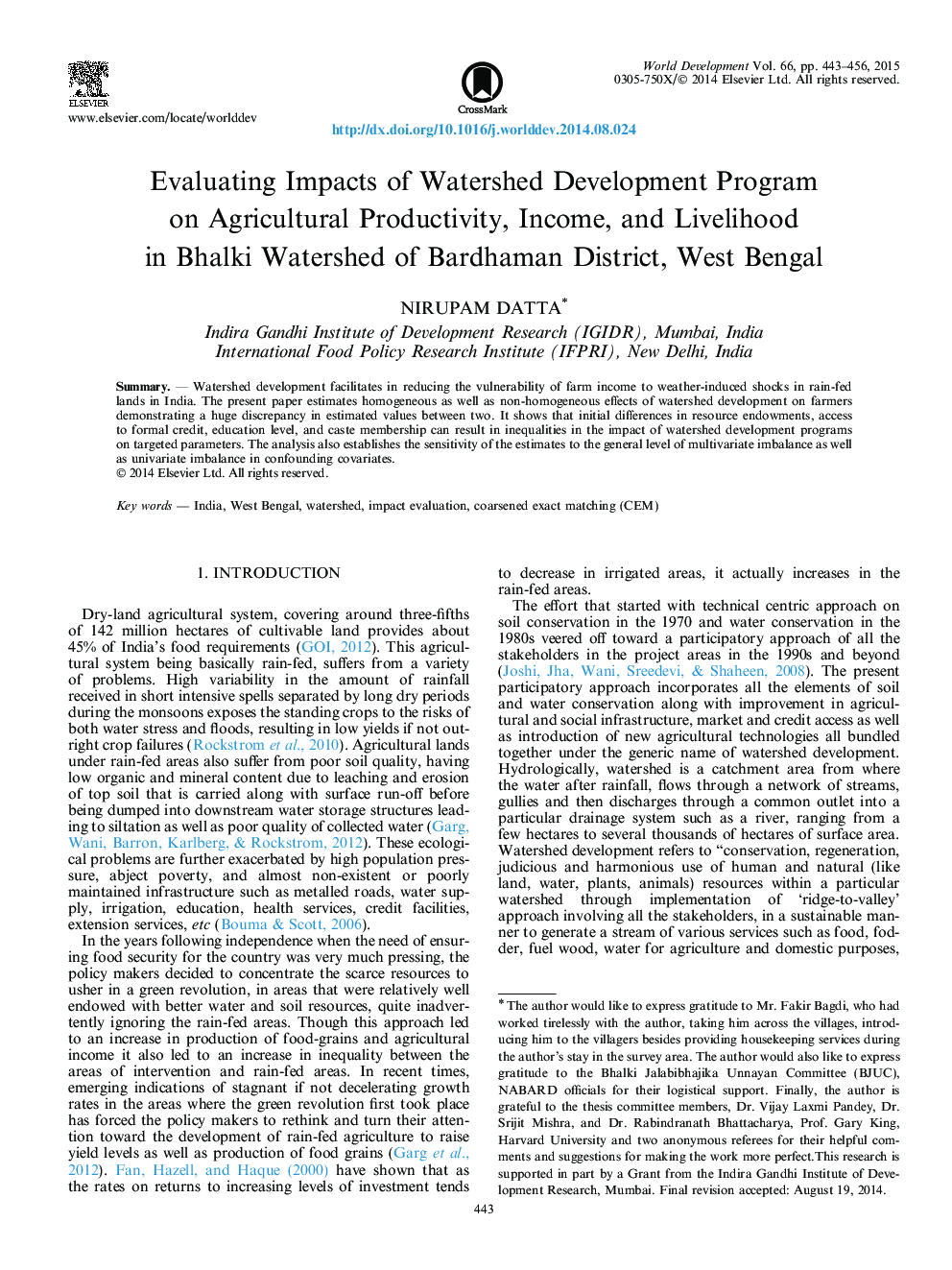 Evaluating Impacts of Watershed Development Program on Agricultural Productivity, Income, and Livelihood in Bhalki Watershed of Bardhaman District, West Bengal