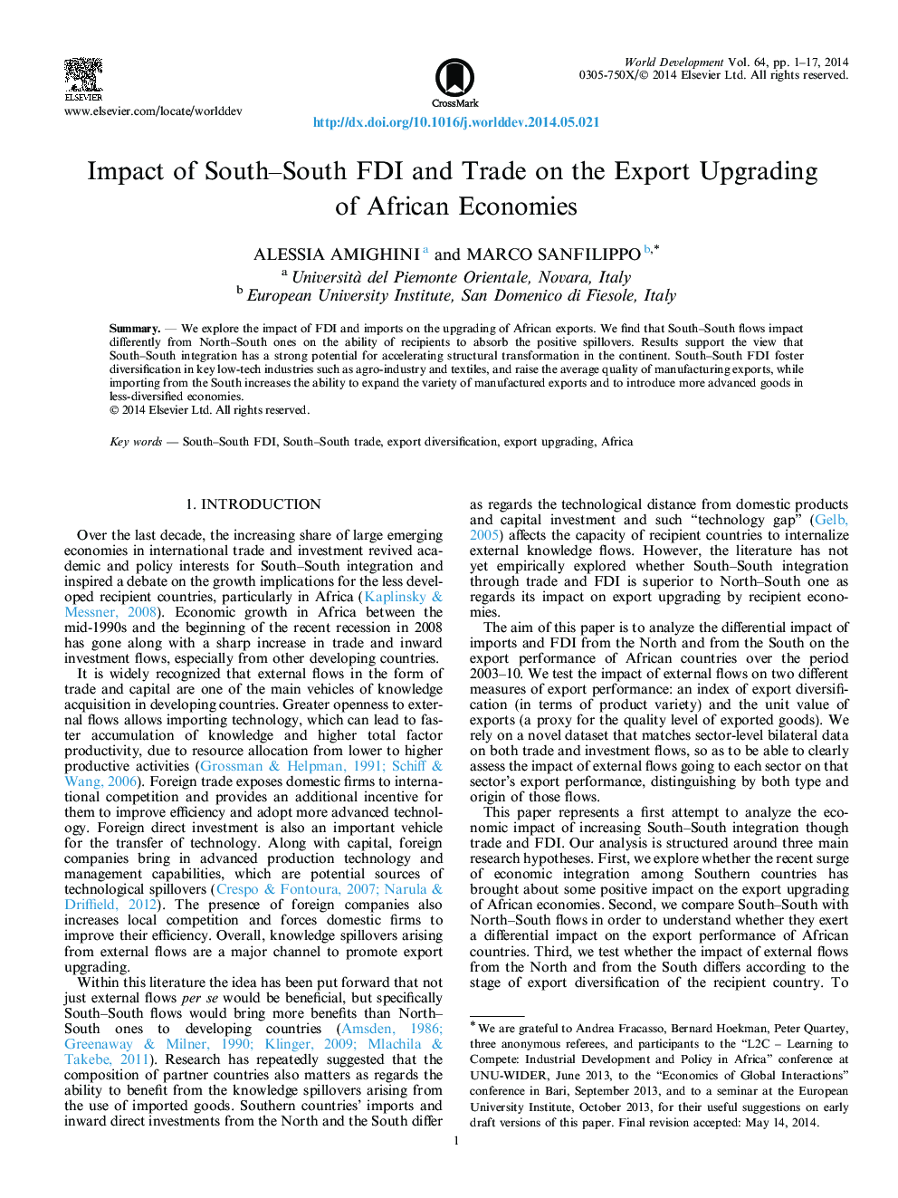 Impact of South-South FDI and Trade on the Export Upgrading of African Economies