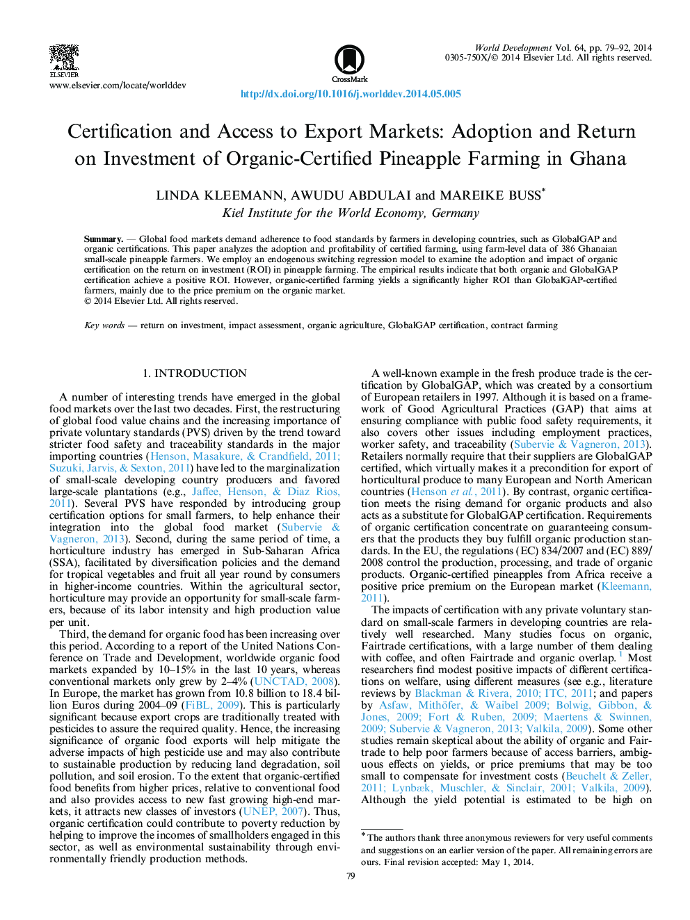 Certification and Access to Export Markets: Adoption and Return on Investment of Organic-Certified Pineapple Farming in Ghana