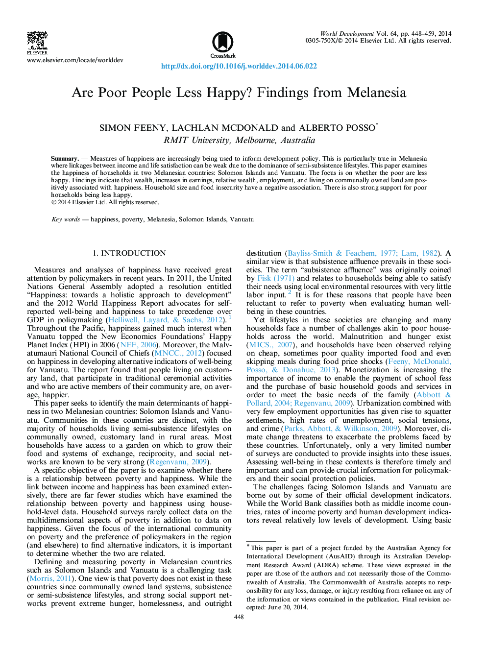 Are Poor People Less Happy? Findings from Melanesia