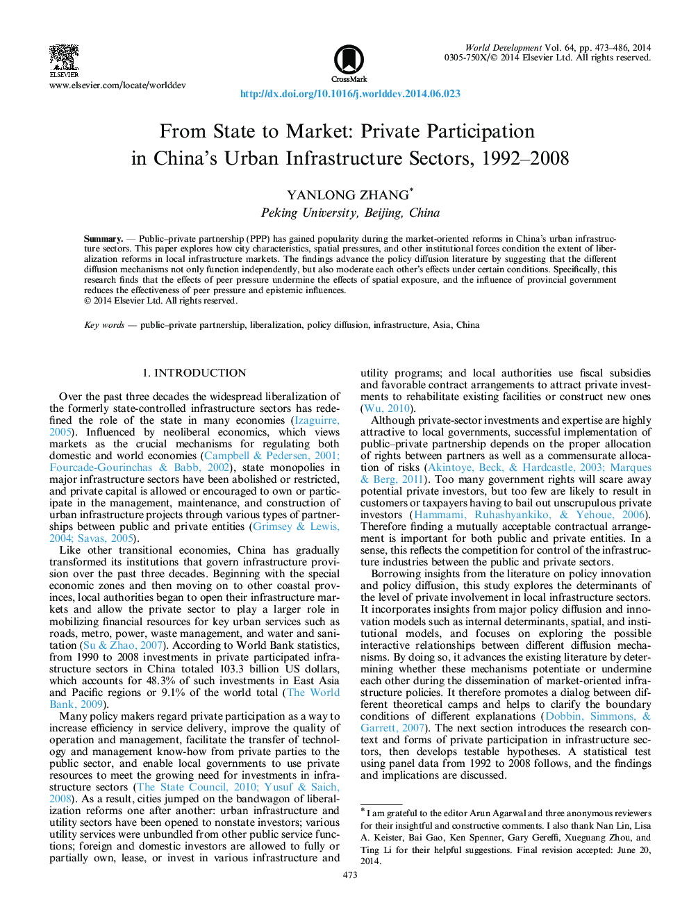 From State to Market: Private Participation in China's Urban Infrastructure Sectors, 1992-2008