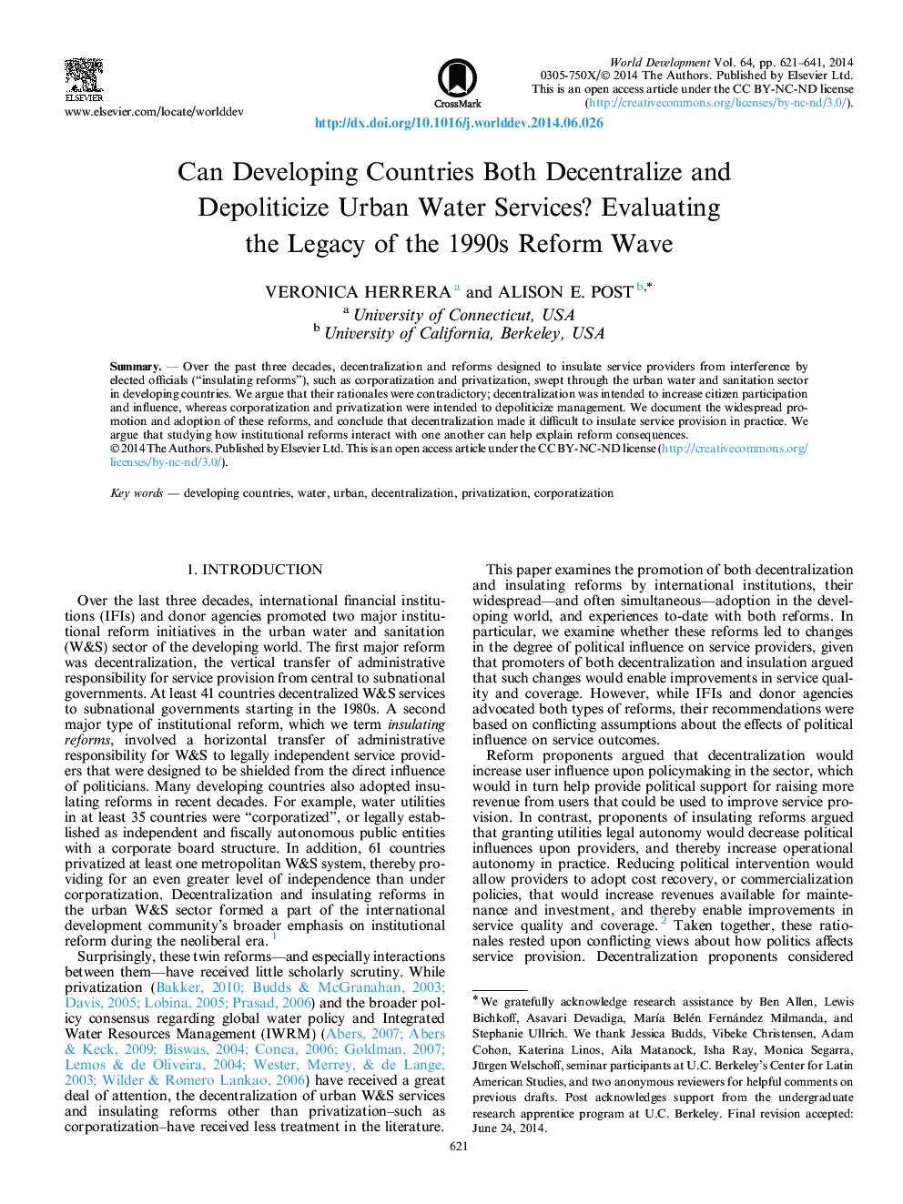 Can Developing Countries Both Decentralize and Depoliticize Urban Water Services? Evaluating the Legacy of the 1990s Reform Wave