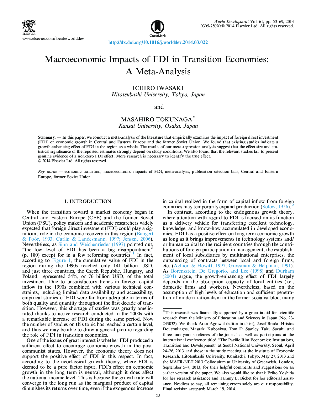 Macroeconomic Impacts of FDI in Transition Economies: A Meta-Analysis