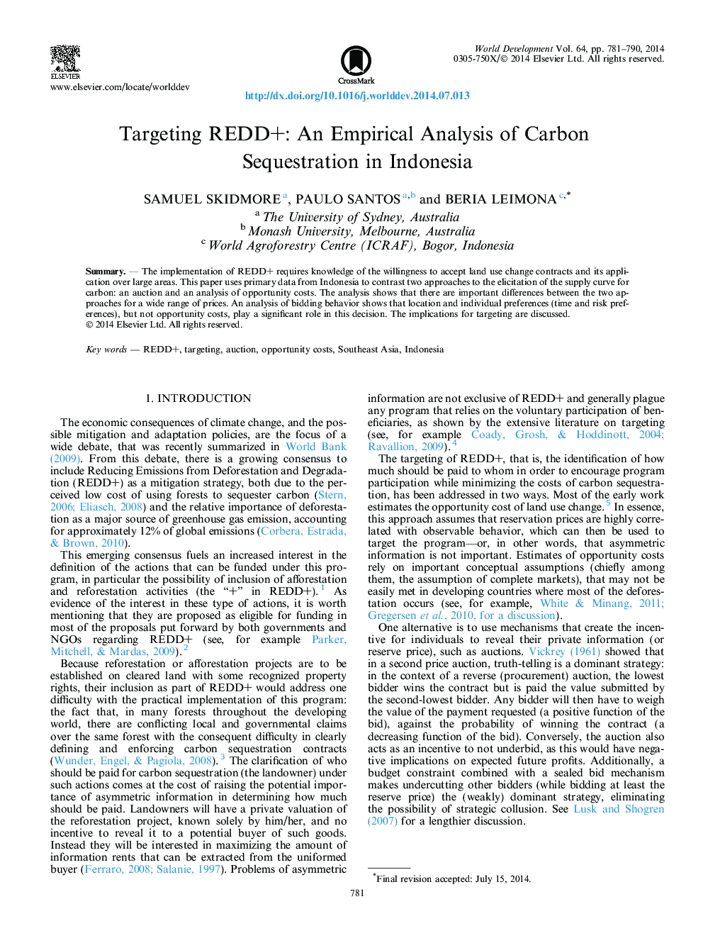 Targeting REDD+: An Empirical Analysis of Carbon Sequestration in Indonesia