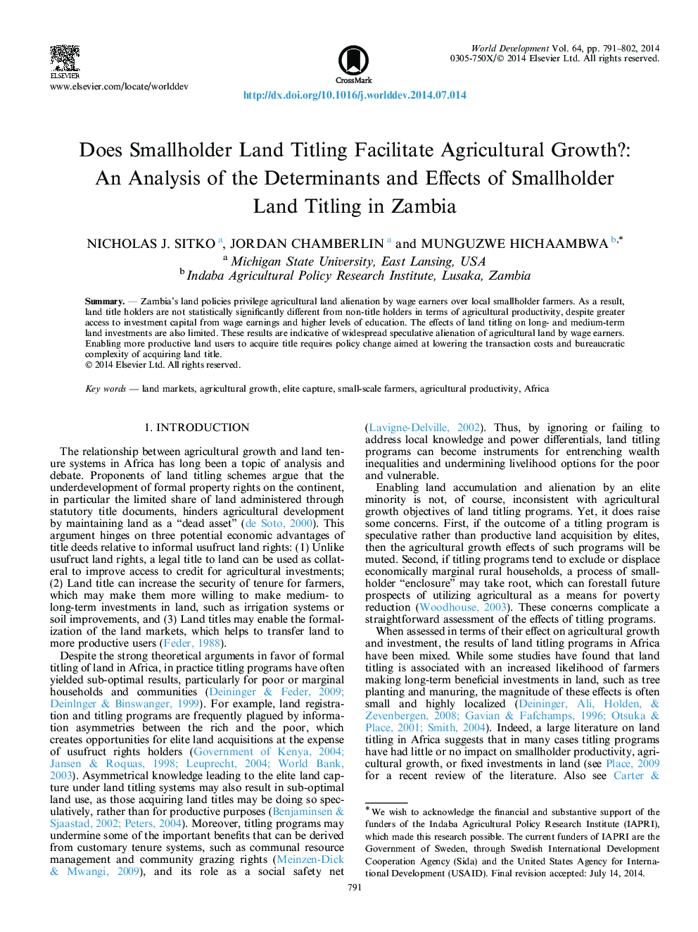 Does Smallholder Land Titling Facilitate Agricultural Growth?: An Analysis of the Determinants and Effects of Smallholder Land Titling in Zambia