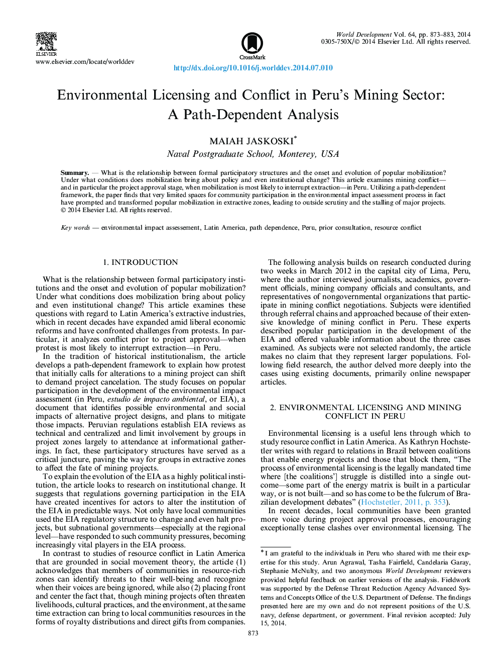مجوز محیط زیست و مناقشات در بخش معدن پرو: یک تحلیل وابسته به مسیر 