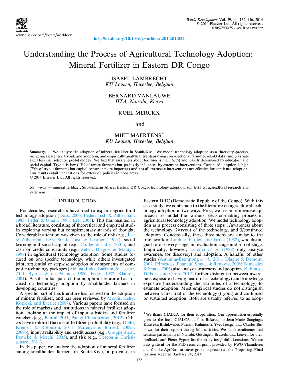 Understanding the Process of Agricultural Technology Adoption: Mineral Fertilizer in Eastern DR Congo