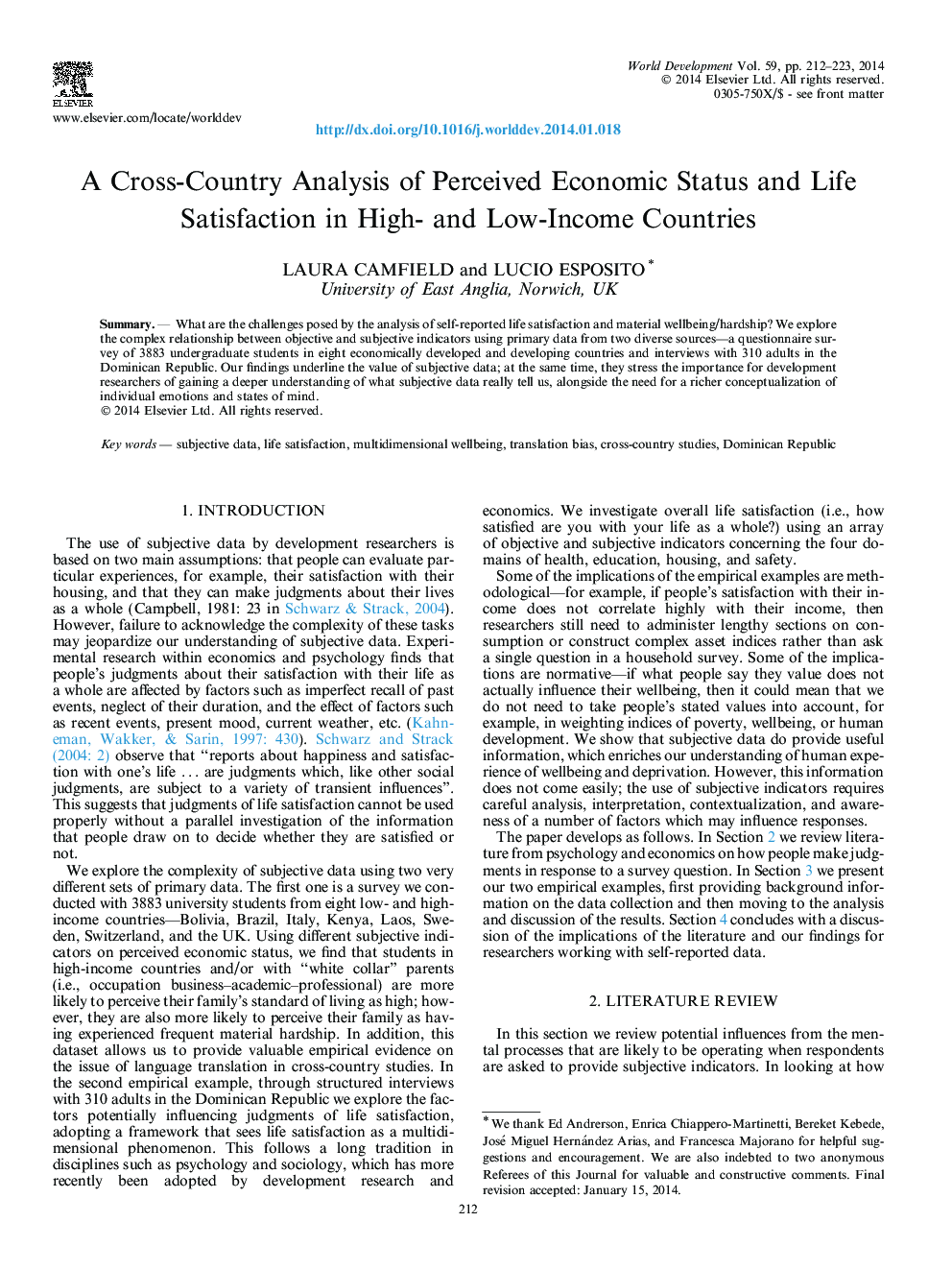 تحلیل متقابل کشور از وضعیت اقتصادی درک شده و رضایت از زندگی در کشورهای با درآمد بالا و کم درآمد 