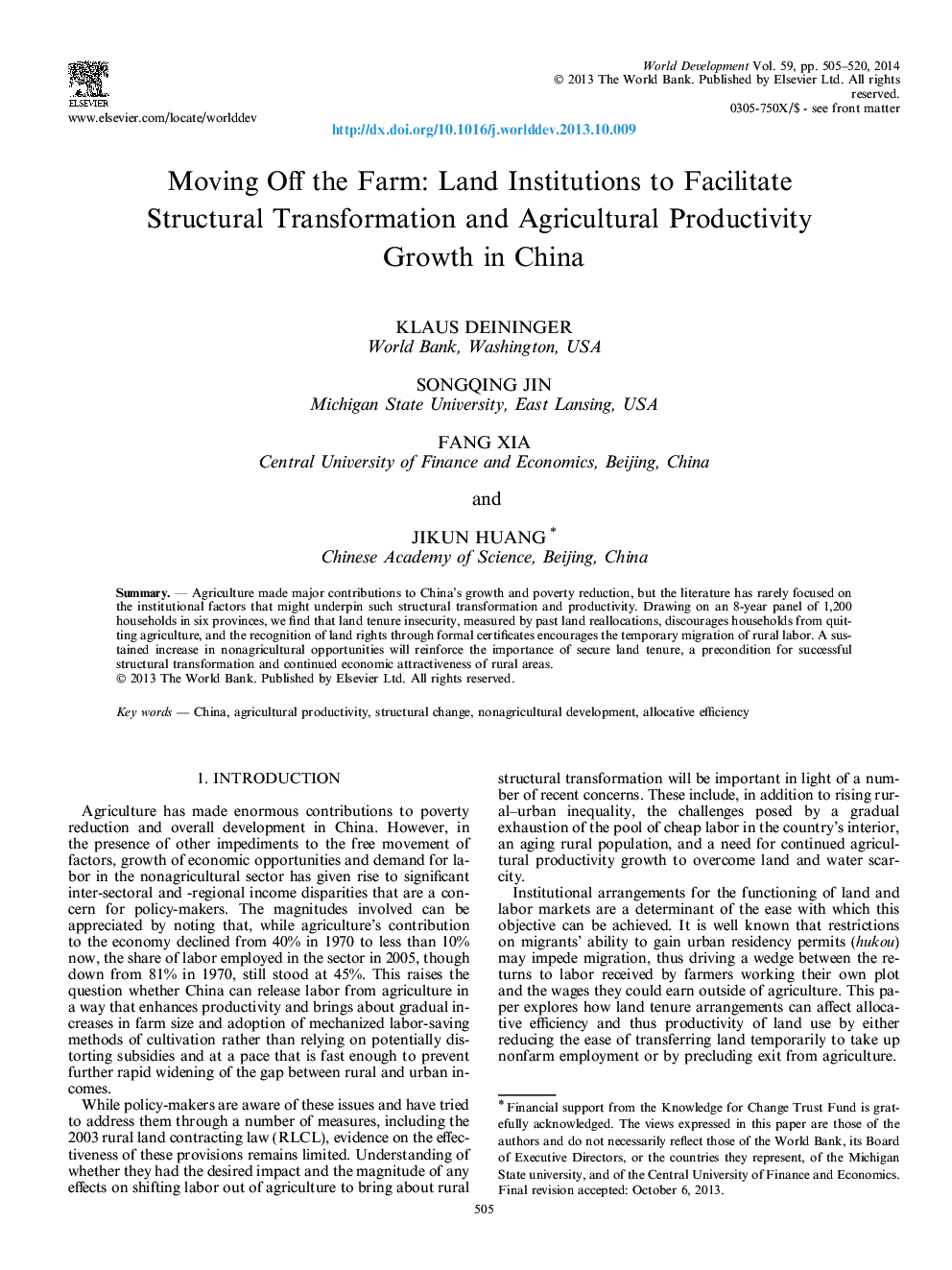 Moving Off the Farm: Land Institutions to Facilitate Structural Transformation and Agricultural Productivity Growth in China