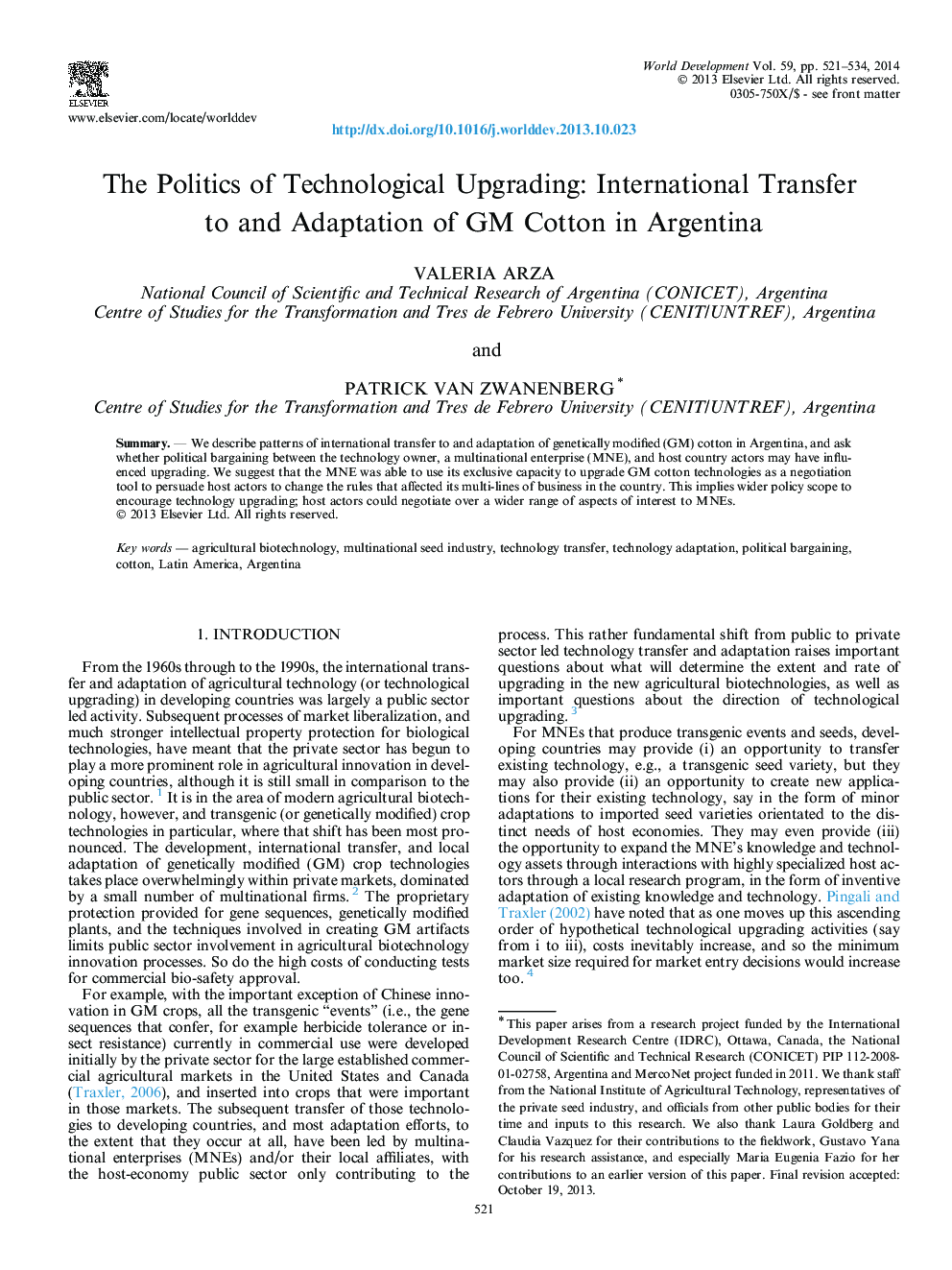 The Politics of Technological Upgrading: International Transfer to and Adaptation of GM Cotton in Argentina