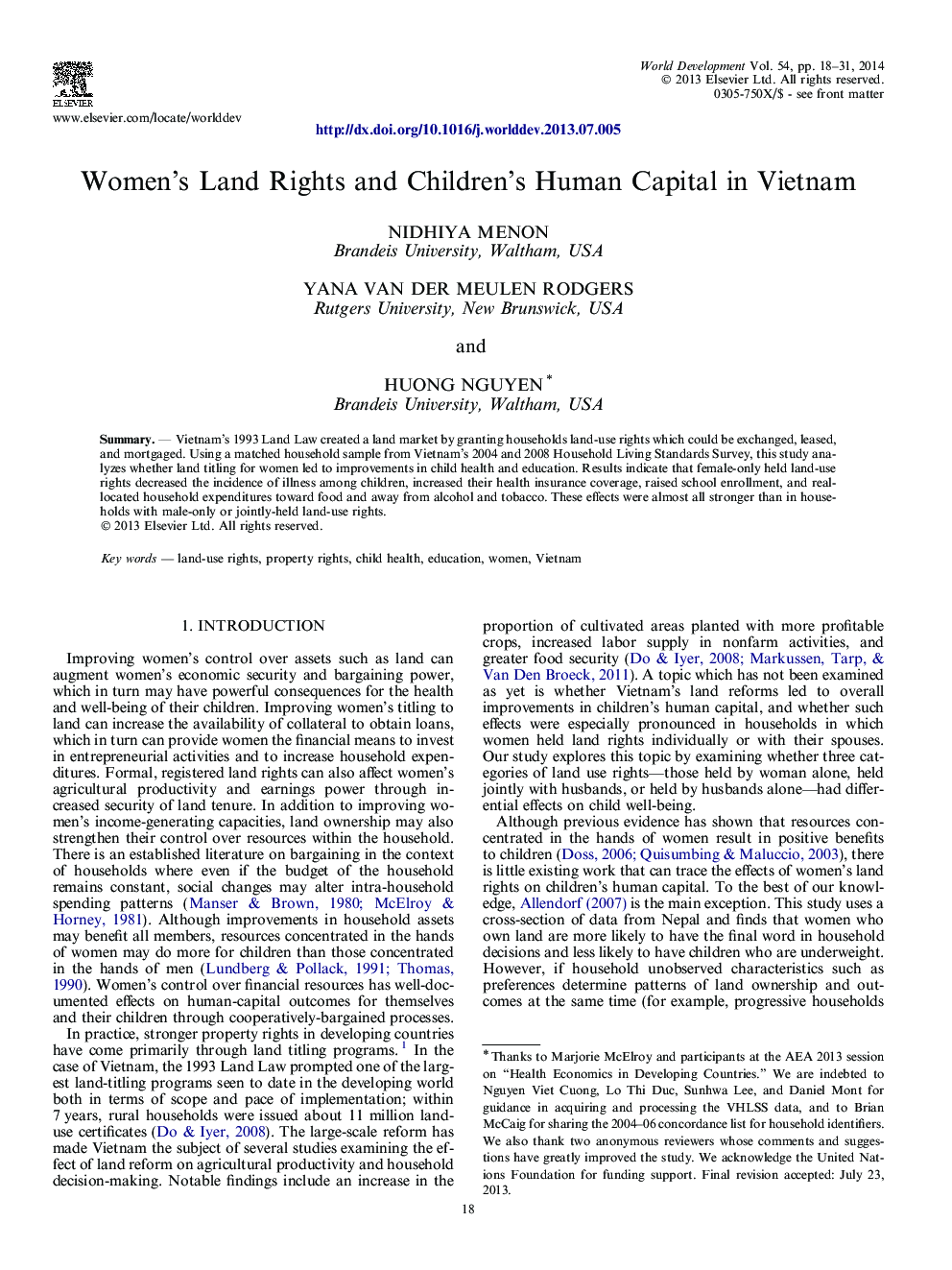 Women's Land Rights and Children's Human Capital in Vietnam