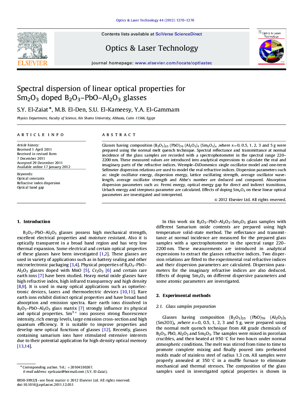 Spectral dispersion of linear optical properties for Sm2O3 doped B2O3–PbO–Al2O3 glasses