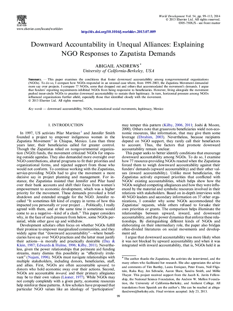 Downward Accountability in Unequal Alliances: Explaining NGO Responses to Zapatista Demands